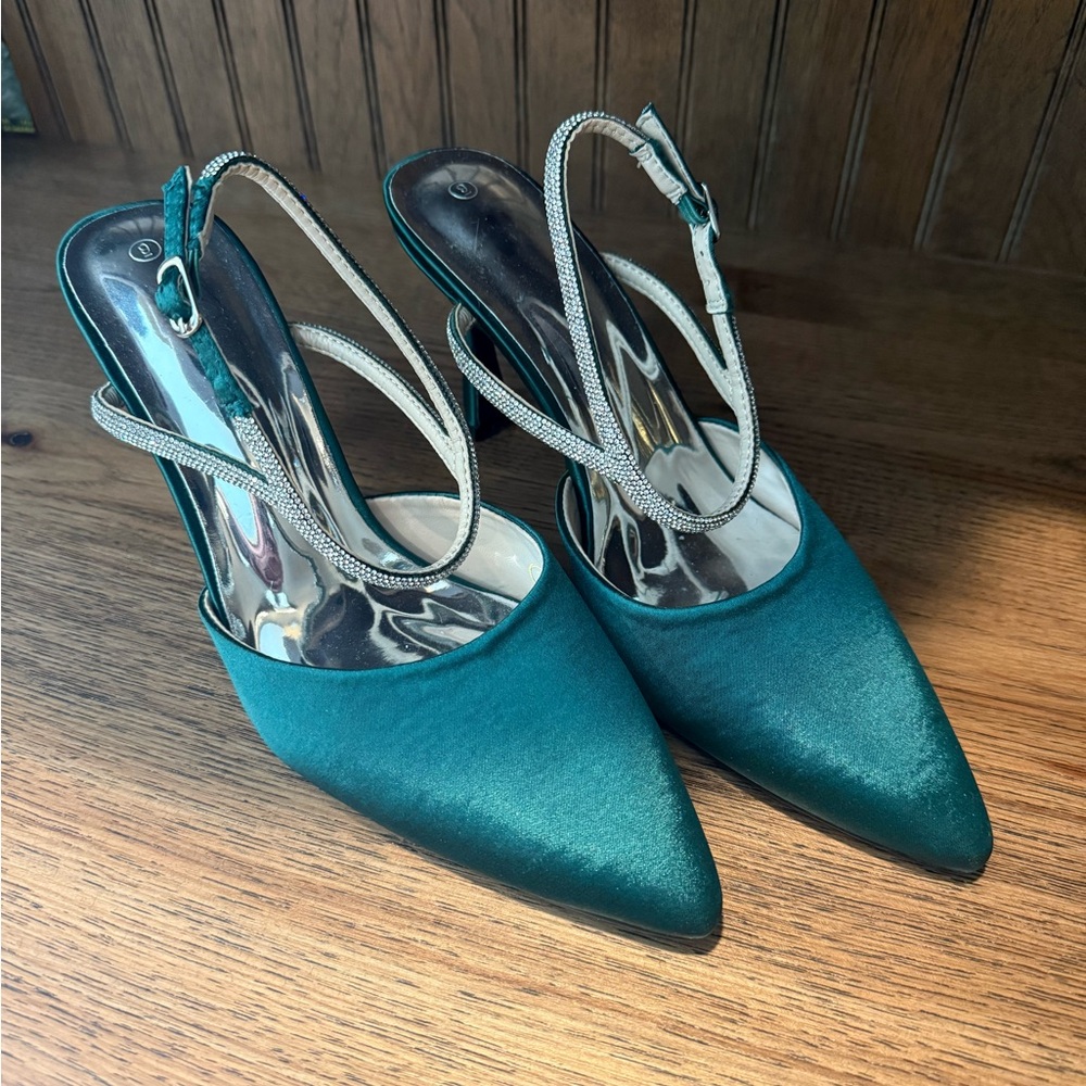Elegant Teal Satin Slingback Heels